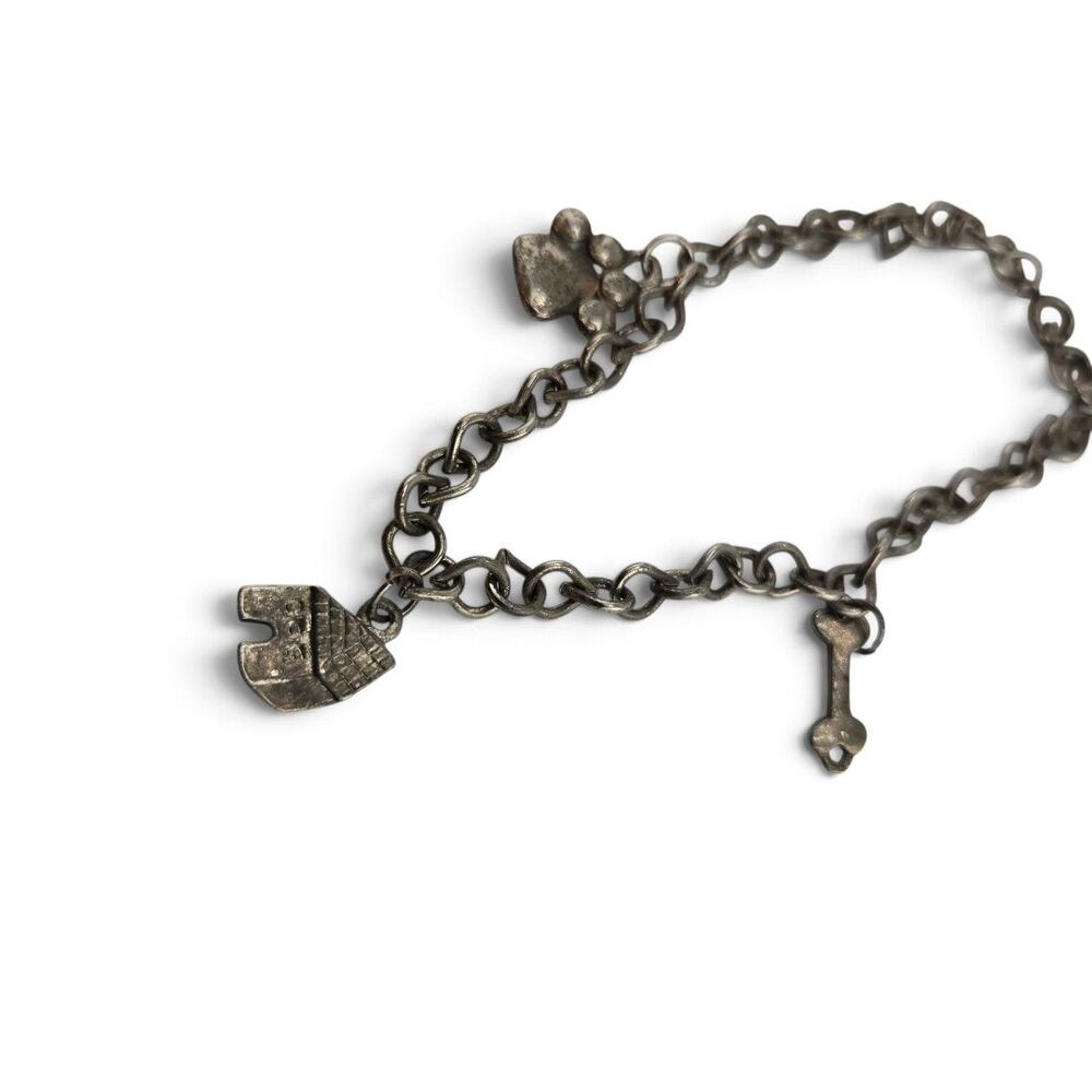Vintage Dog Charm Bracelet Silver Tone Doghouse Bone Paw Print Pet Lover